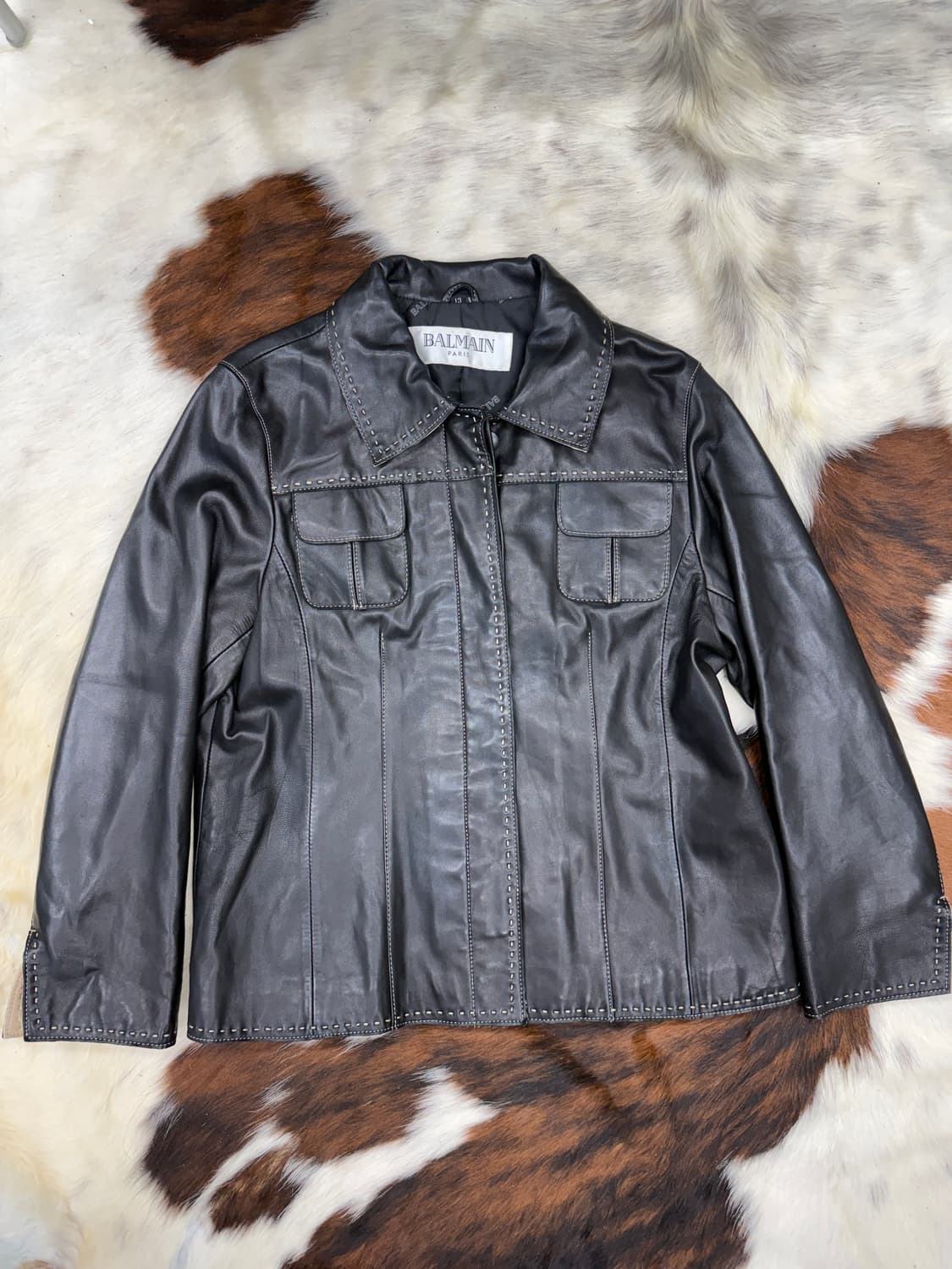 90s 일본 발망 화이트 스티치 램 레더 자켓 상품이미지1