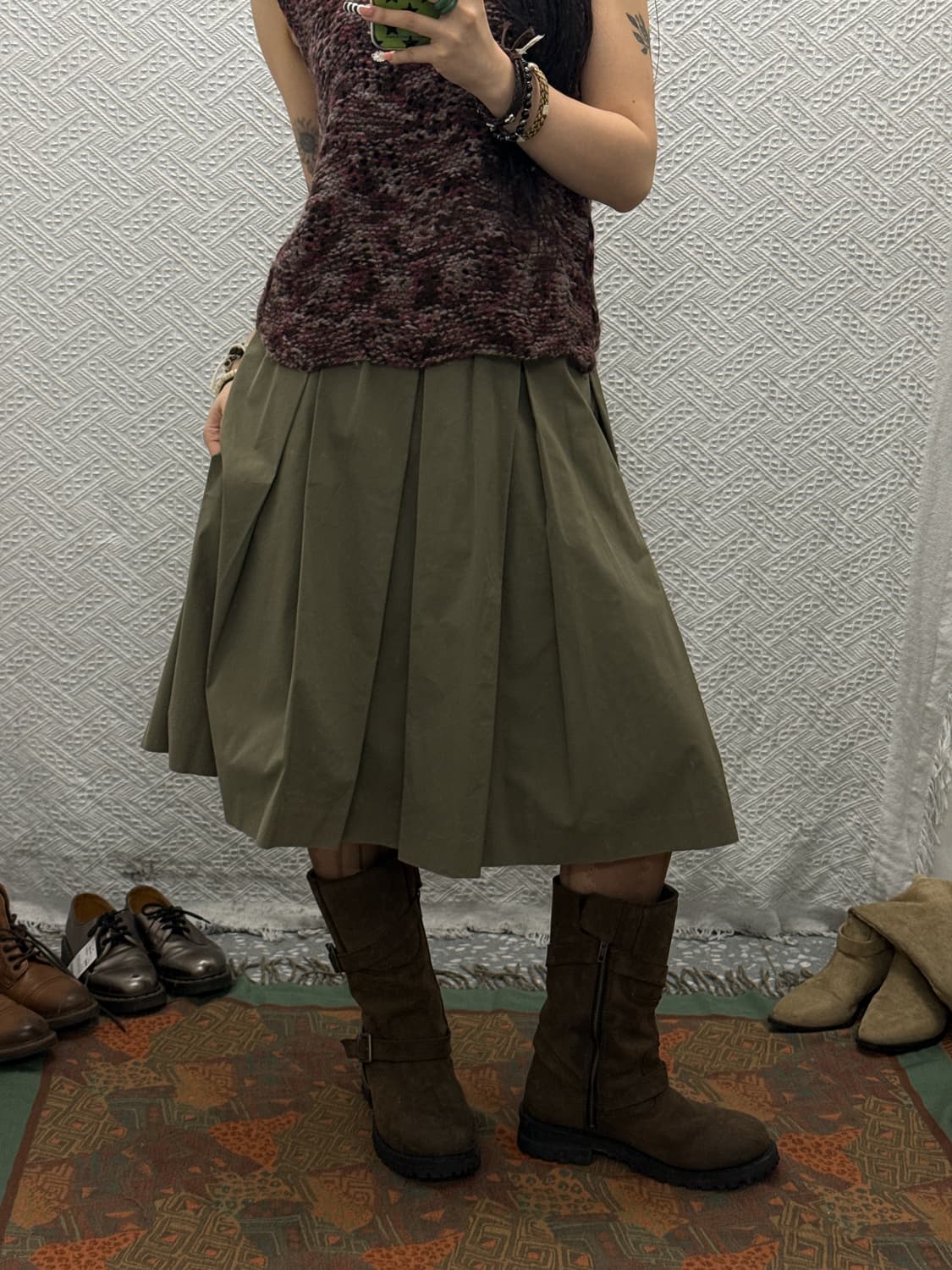 빈티지 캐주얼 코지 페미닌 말차카키 플리츠 밴딩 미디스커트 K0049 상품이미지1