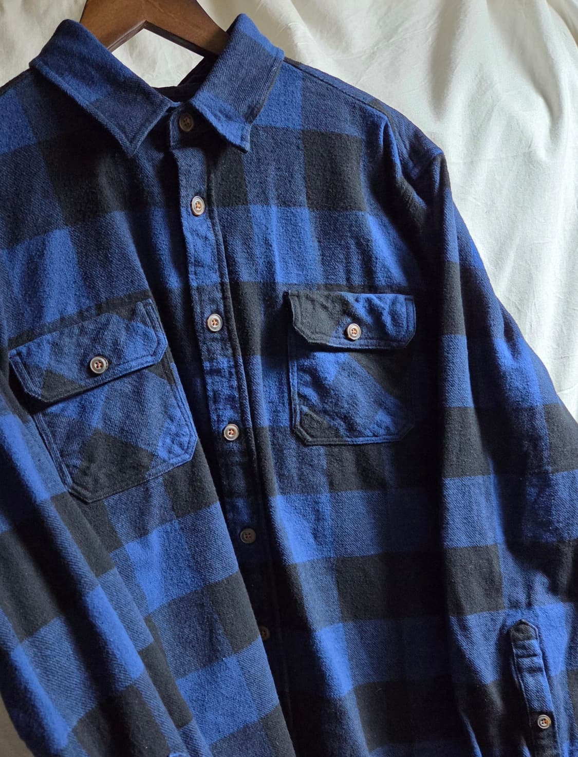 JACHS 코튼 체크 셔츠 남방 블루 블랙 XL 상품이미지5