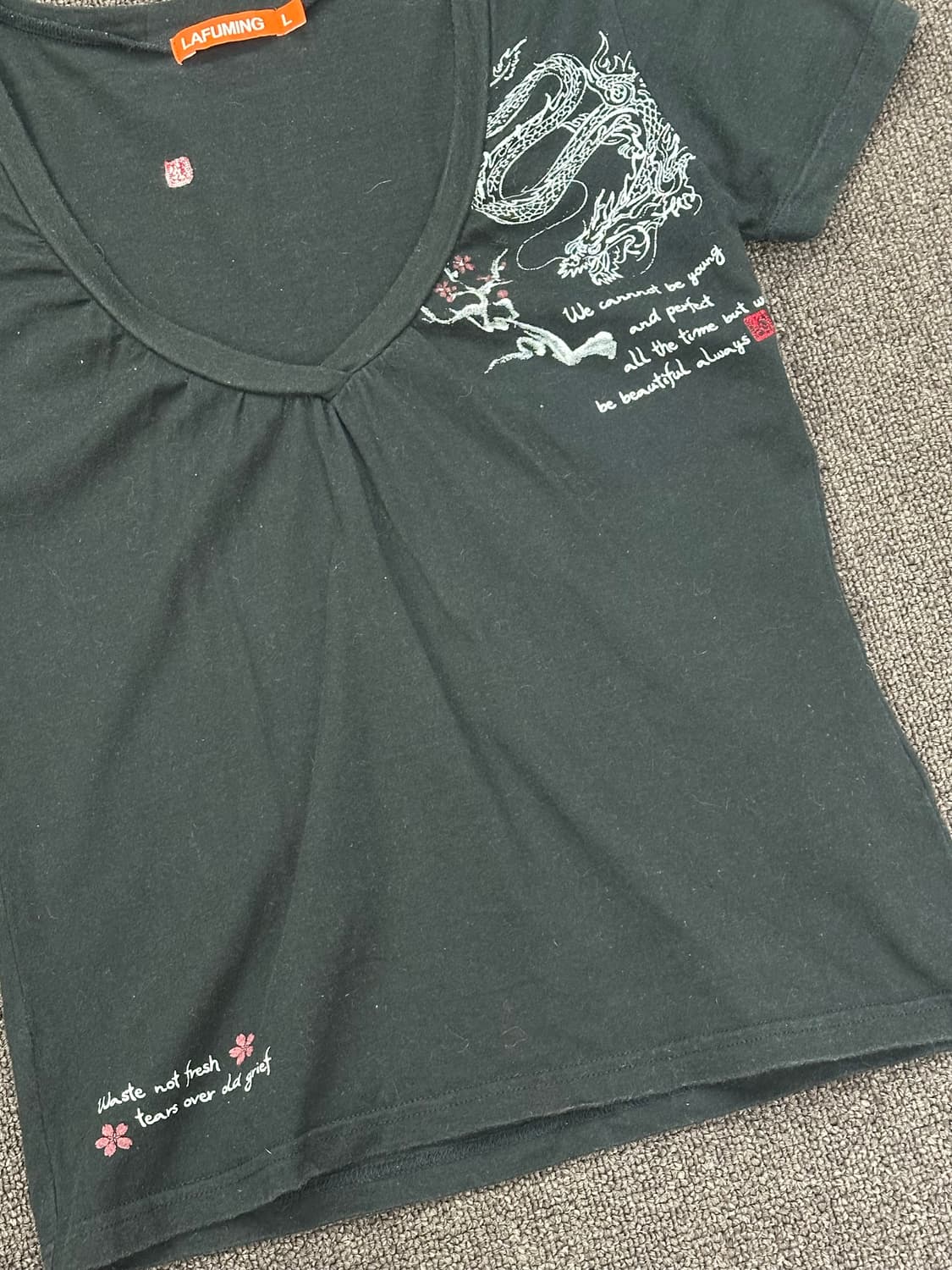 L)Japanese vintage 여성 v넥 드래곤 그래픽 반팔 상품이미지2