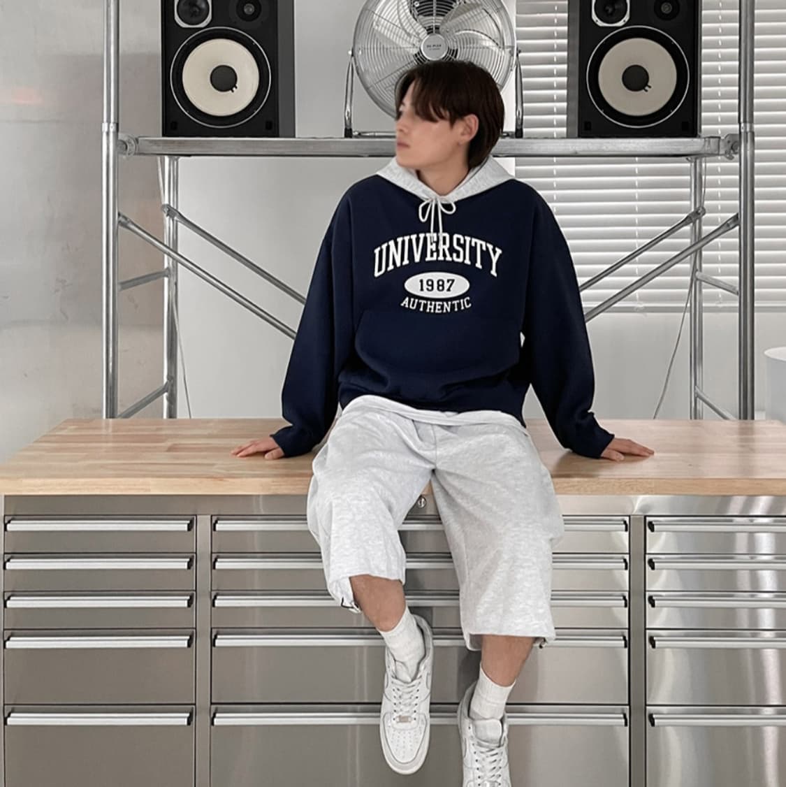 오버핏 유니버시티 배색 후드티 상품이미지1