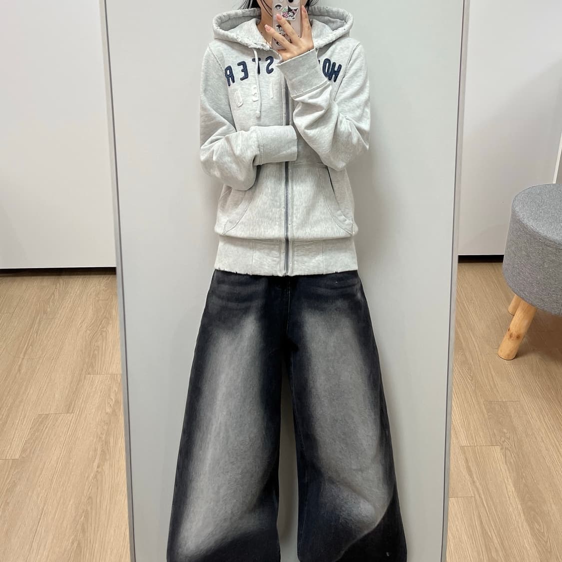 홀리스터 자수로고 멜란지그레이 후드집업 상품이미지1