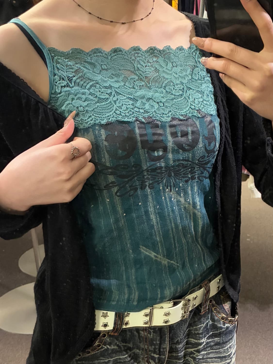 M)Japanese vintage 여성 스톤 디테일 꽃 레이스 슬리브리스 상품이미지1