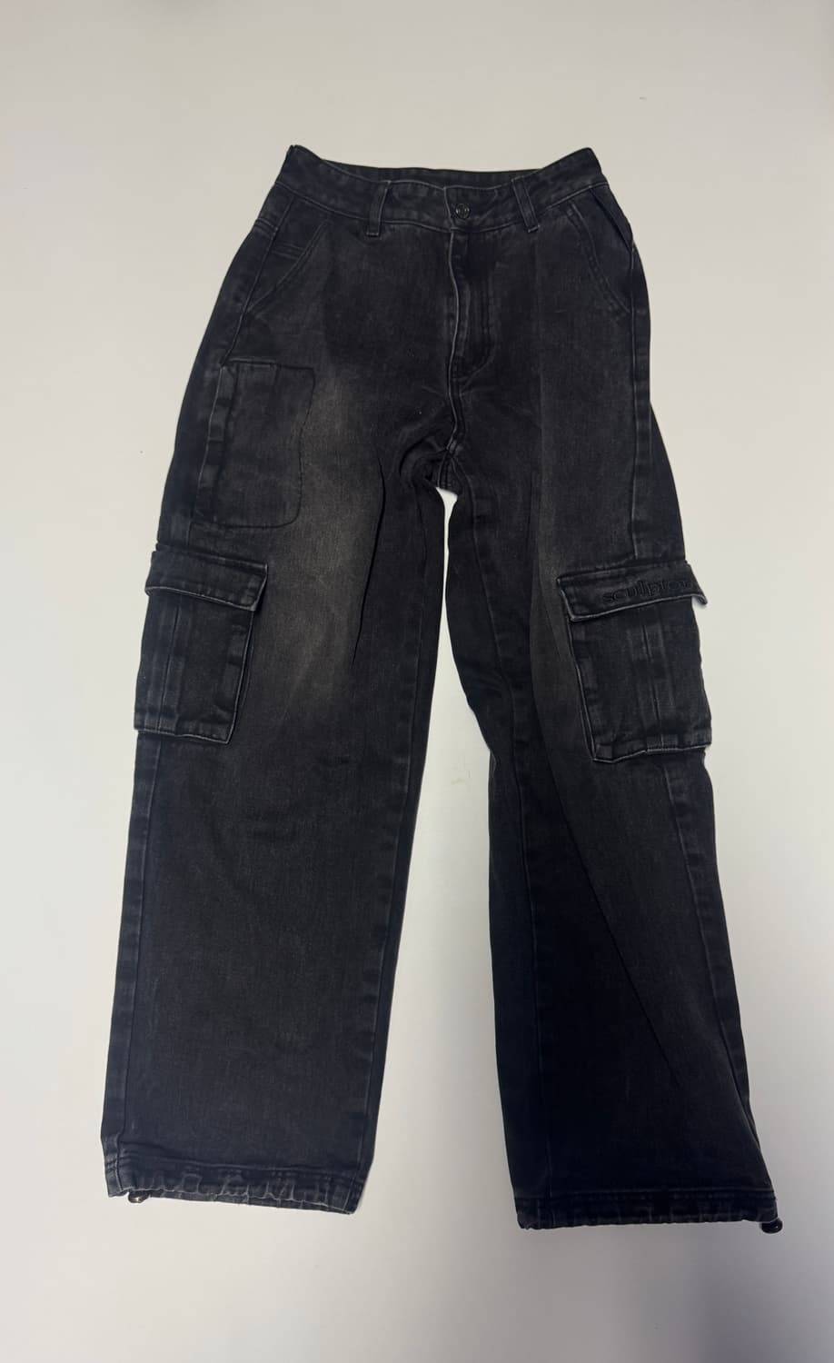 강추! 여성 스컬프터 밑단 스트링 카고 블랙 데님팬츠 Xs 상품이미지1