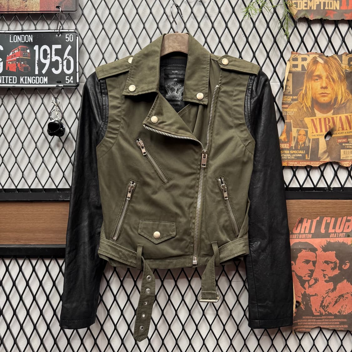 00s 디젤 램스킨 코튼 레더 자켓 전면 집업 포켓 포인트 블랙 카키 상품이미지1