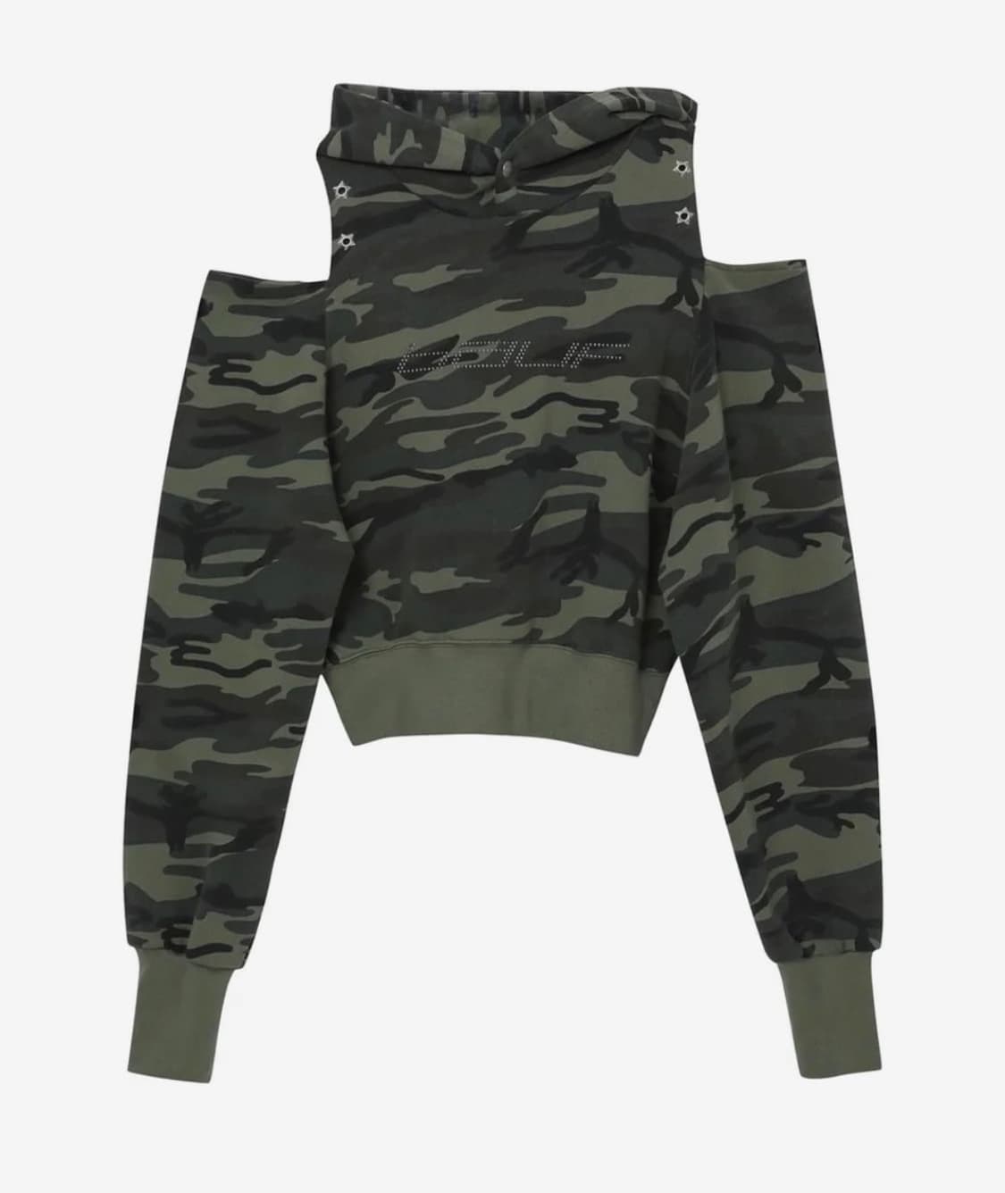 바우프 컷아웃 오프숄더 크롭 후드 카모 (에스파 윈터 착용 상품이미지1