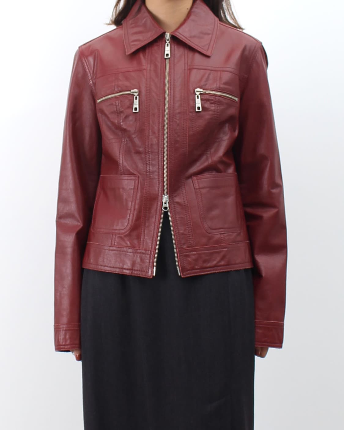 PZA 빈티지 버건디 레드 리얼 가죽 지퍼 크롭 자켓 상품이미지8