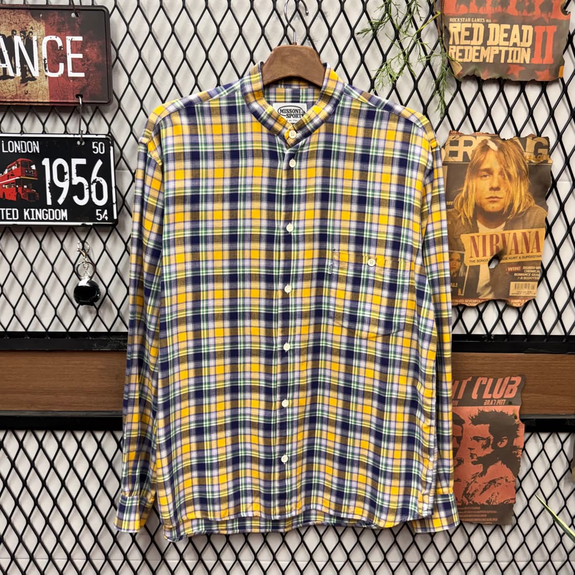 00s 미쏘니 스포츠 체크 패턴 셔츠 차이나 카라 포인트 옐로우 그린 상품이미지1