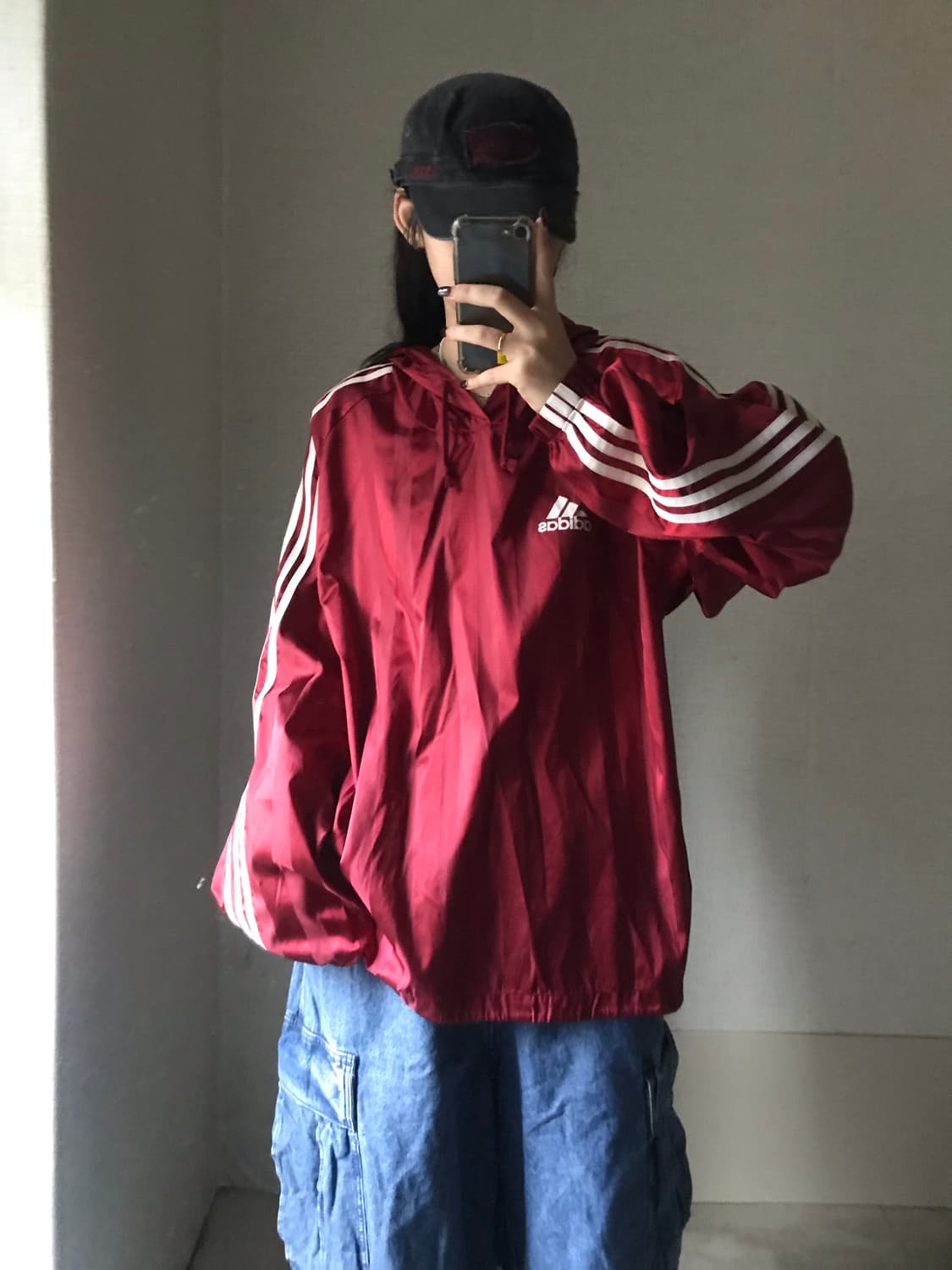 아디다스 00s 버건디 빅로고 나일론 후드티 상품이미지5