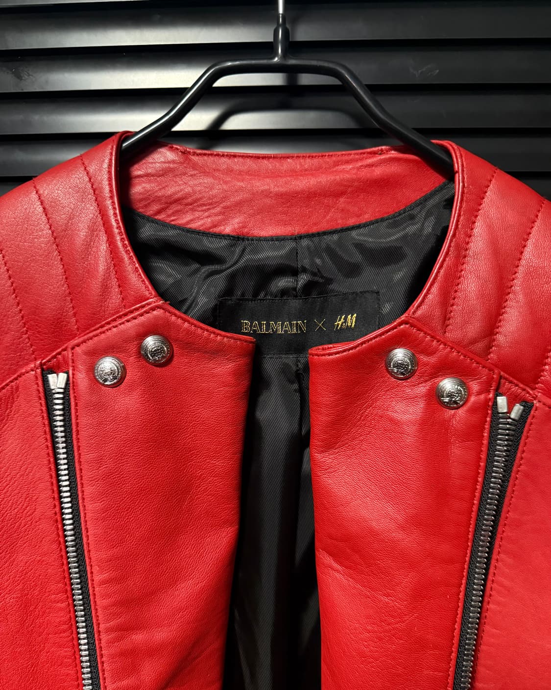 H&M 발망 콜라보 레드 블랙 양가죽 가죽 레더 바이커 라이더 자켓 44 상품이미지8