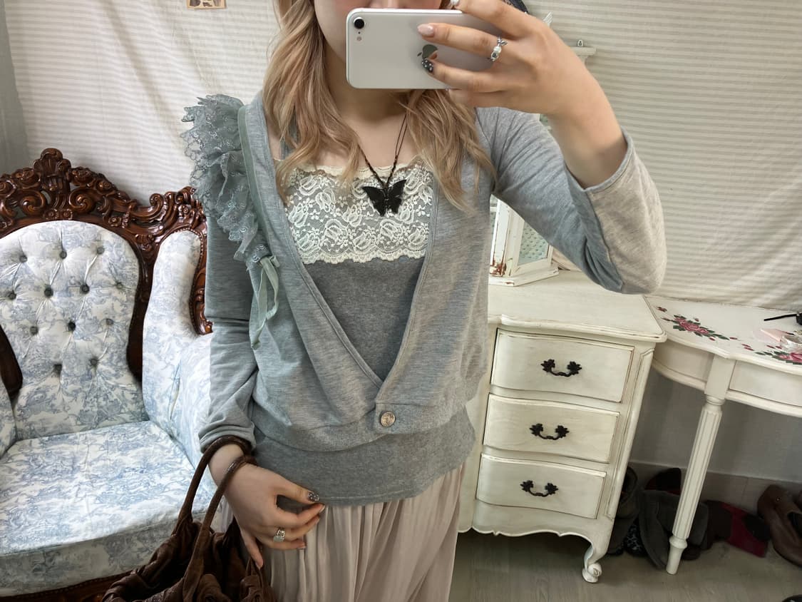 jpn vintage gray mint lace cardigan 상품이미지1