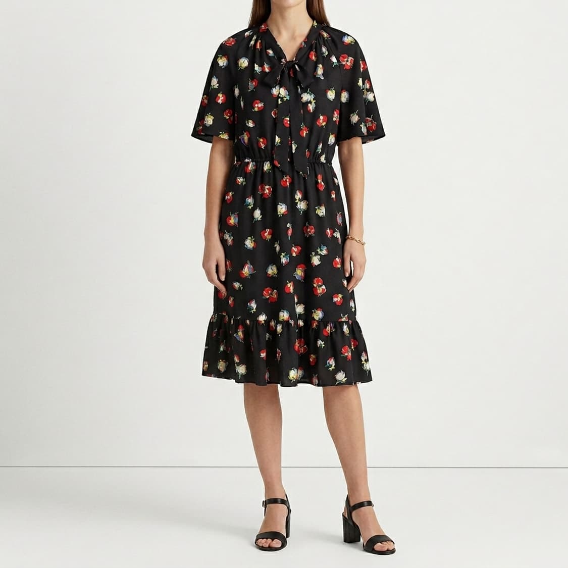 [정품] 로렌 랄프로렌 플로럴 리본 타이 밴딩 롱 원피스 (블랙/8) 상품이미지1