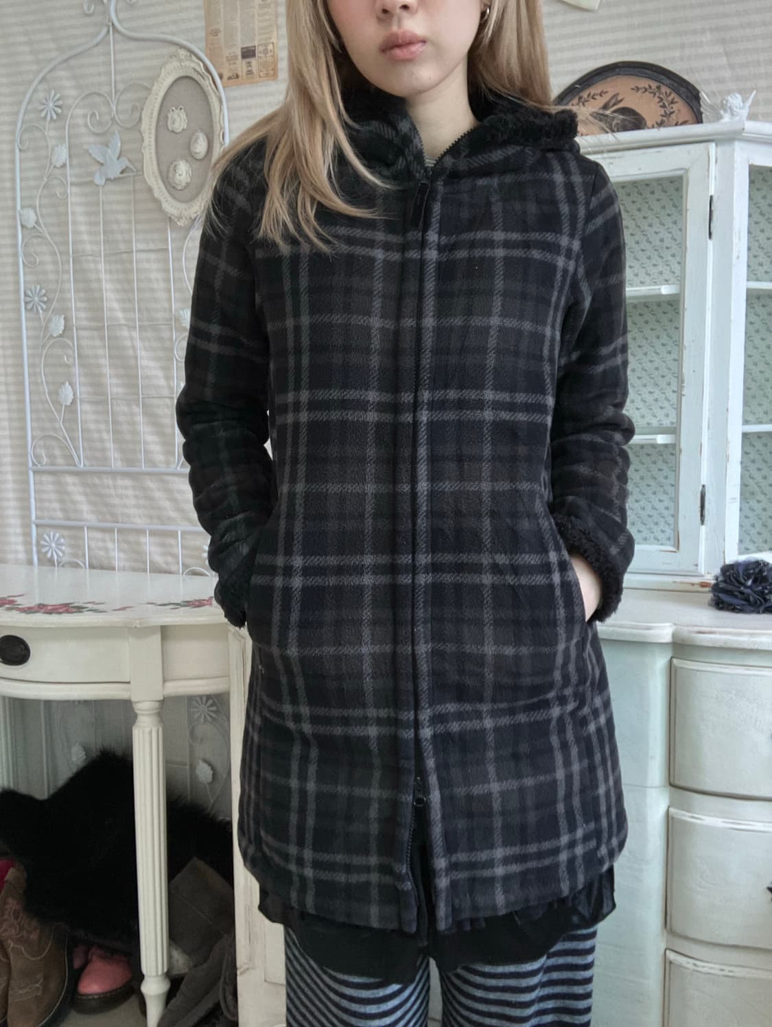 일본빈티지 카키 타탄 체크 후드 무스탕 집업 상품이미지2