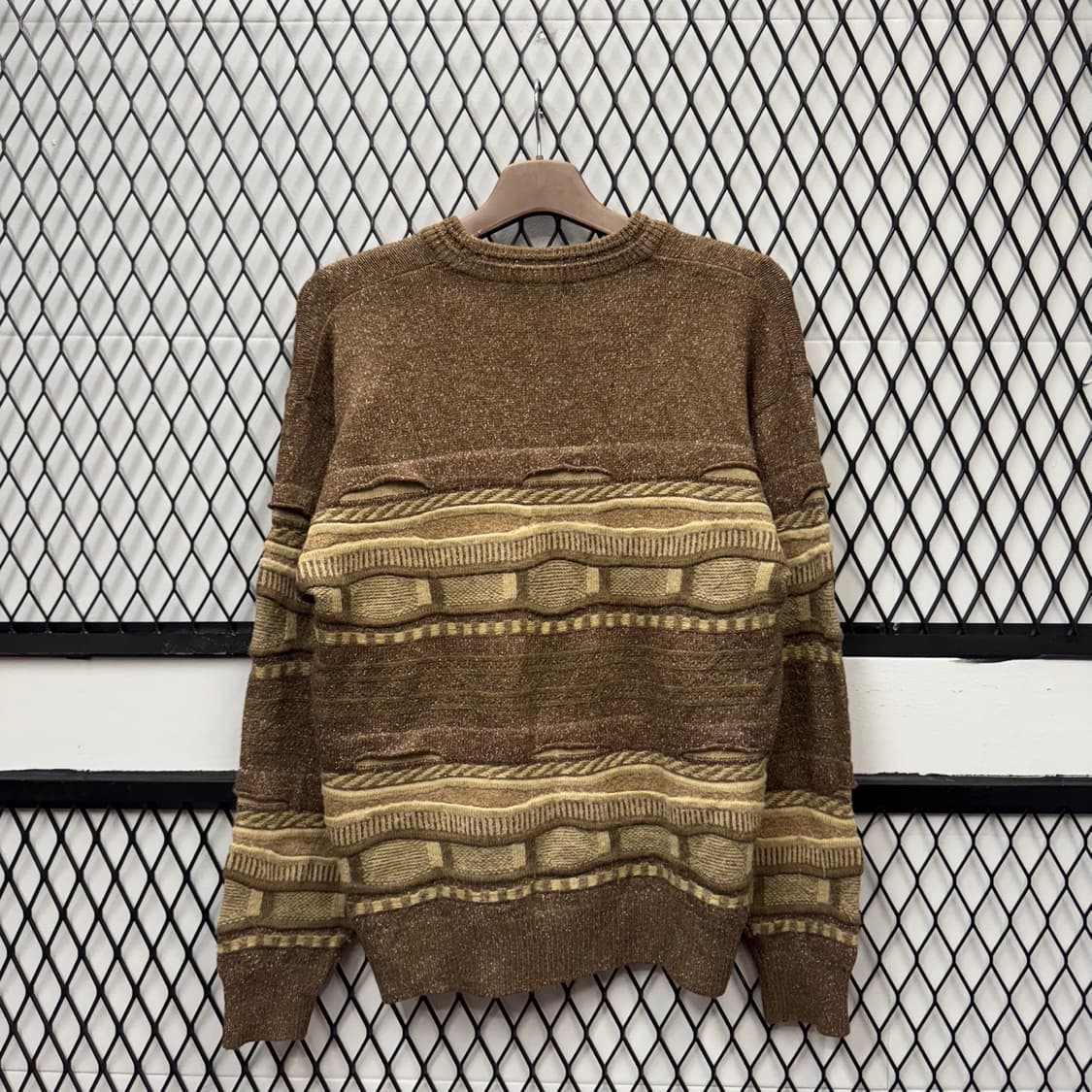 JPN VTG 기하학 패턴 울 니트 스웨터 케이블 디테일 브라운 상품이미지2