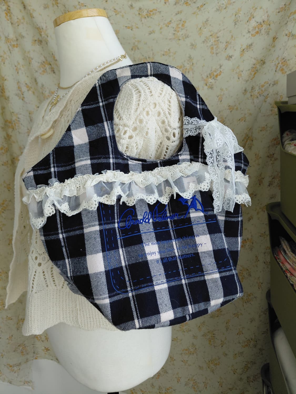 [일본빈티지 리폼] 체크무늬 레이스 장식 토트백 모리걸가방 상품이미지1