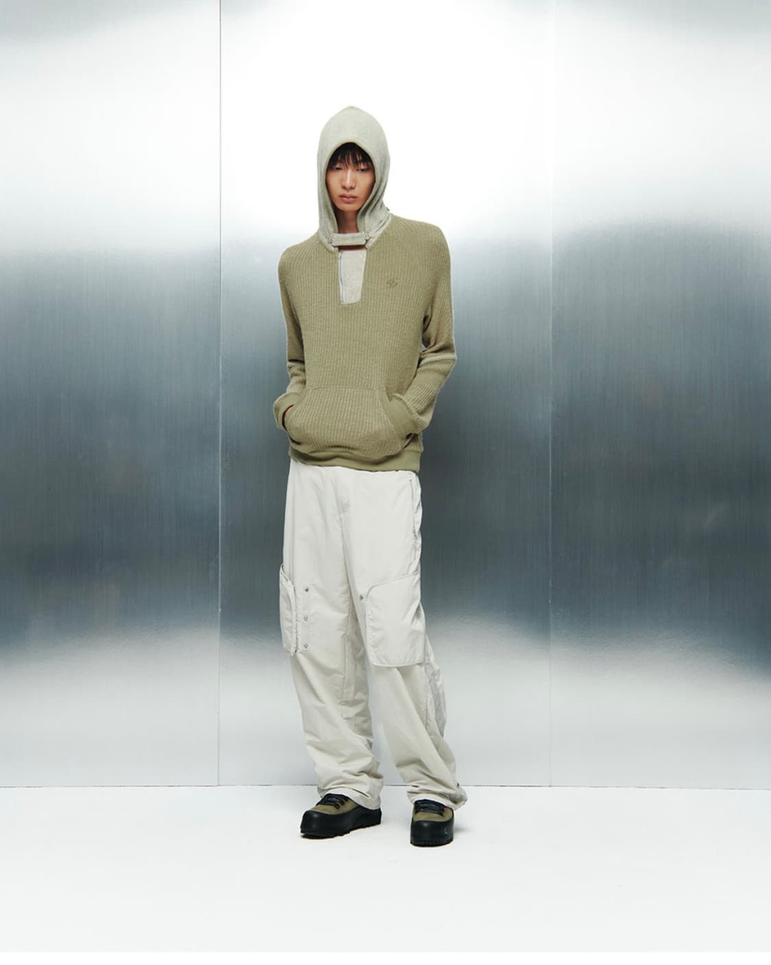 산산기어 리브드 후디 니트 카키 상품이미지1