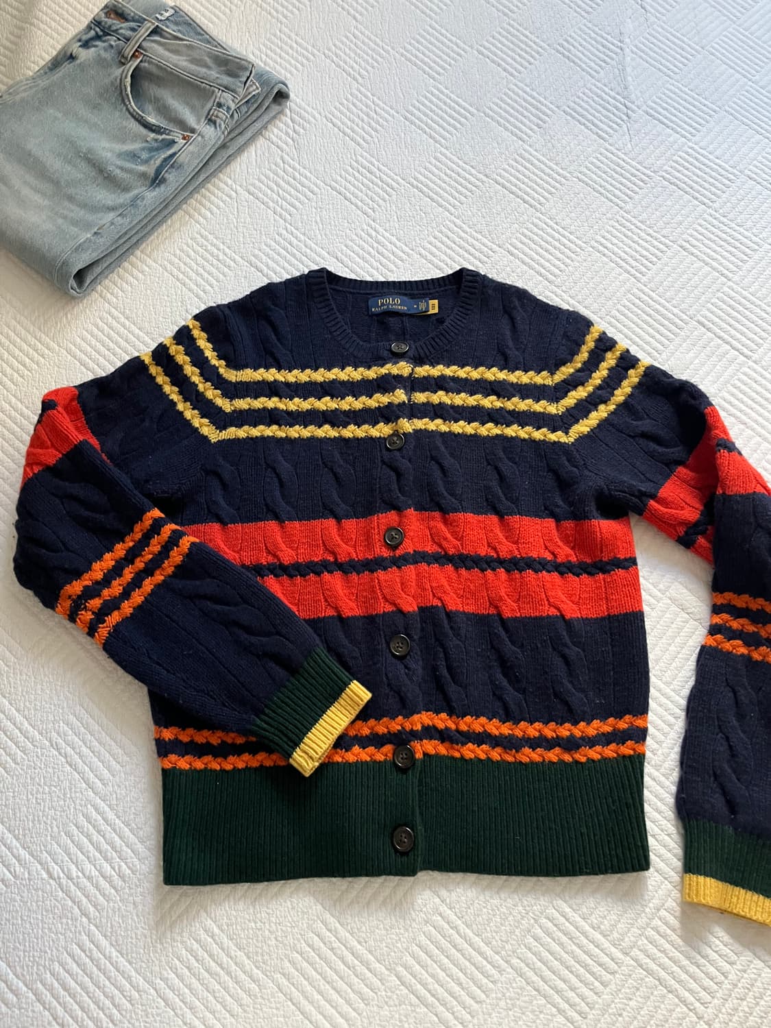 폴로 랄프로렌 여성 울 캐시미어 스트라이프 케이블 니트 가디건 상품이미지1