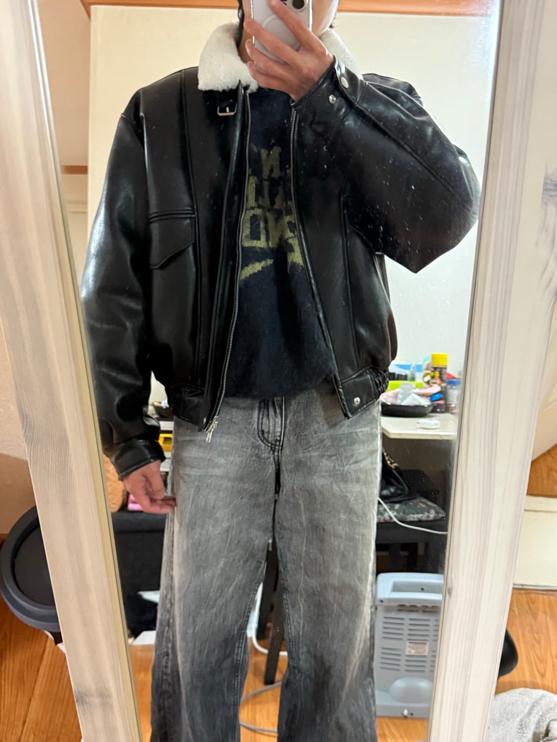 스페로네 - A-2 워싱 레더 무스탕 자켓 (블랙/M) 상품이미지6