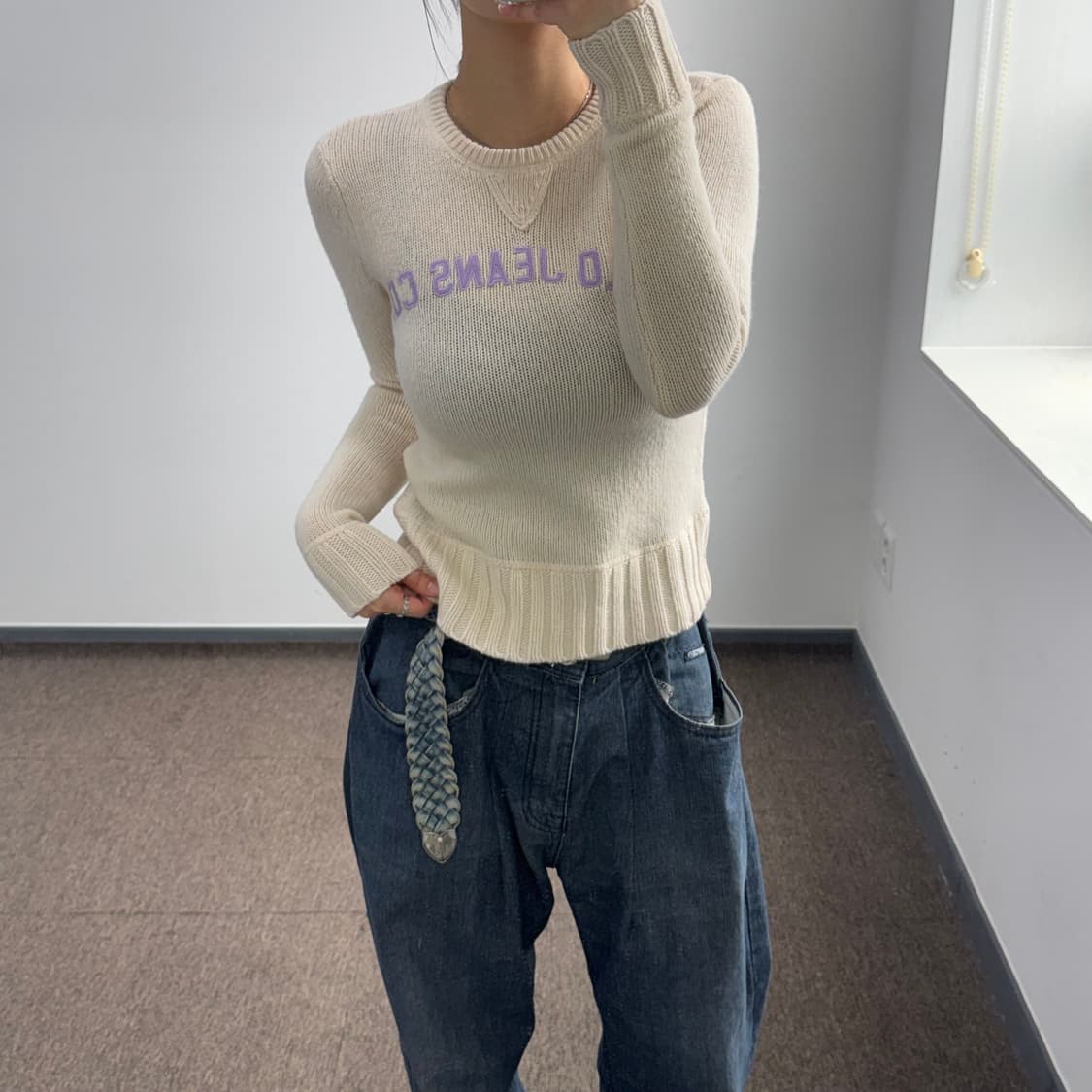 Polo jeans 폴로 진스 라이트 퍼플 로고 아이보리 니트 상품이미지1