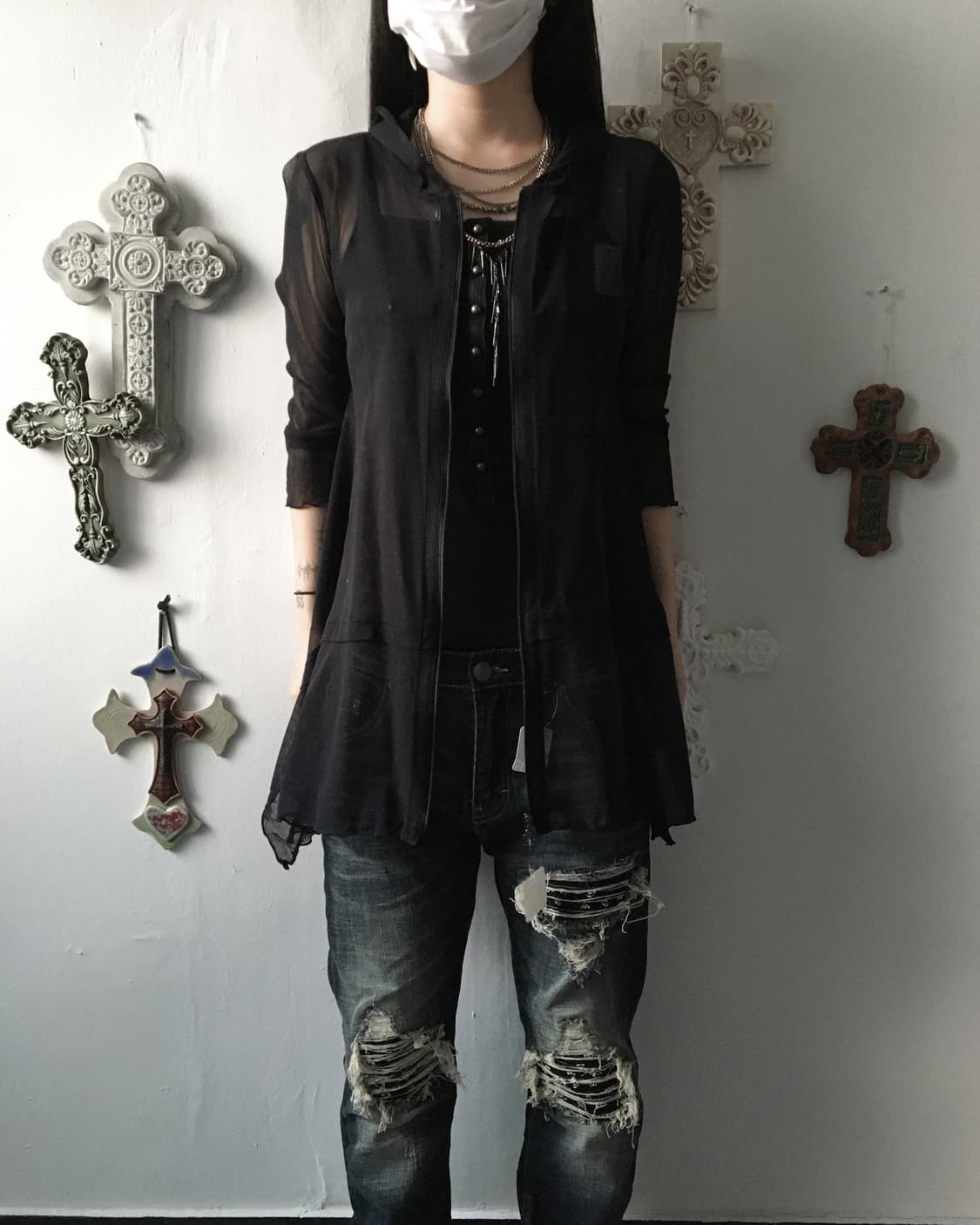 Unbalanced see through hood mesh zip up 상품이미지1