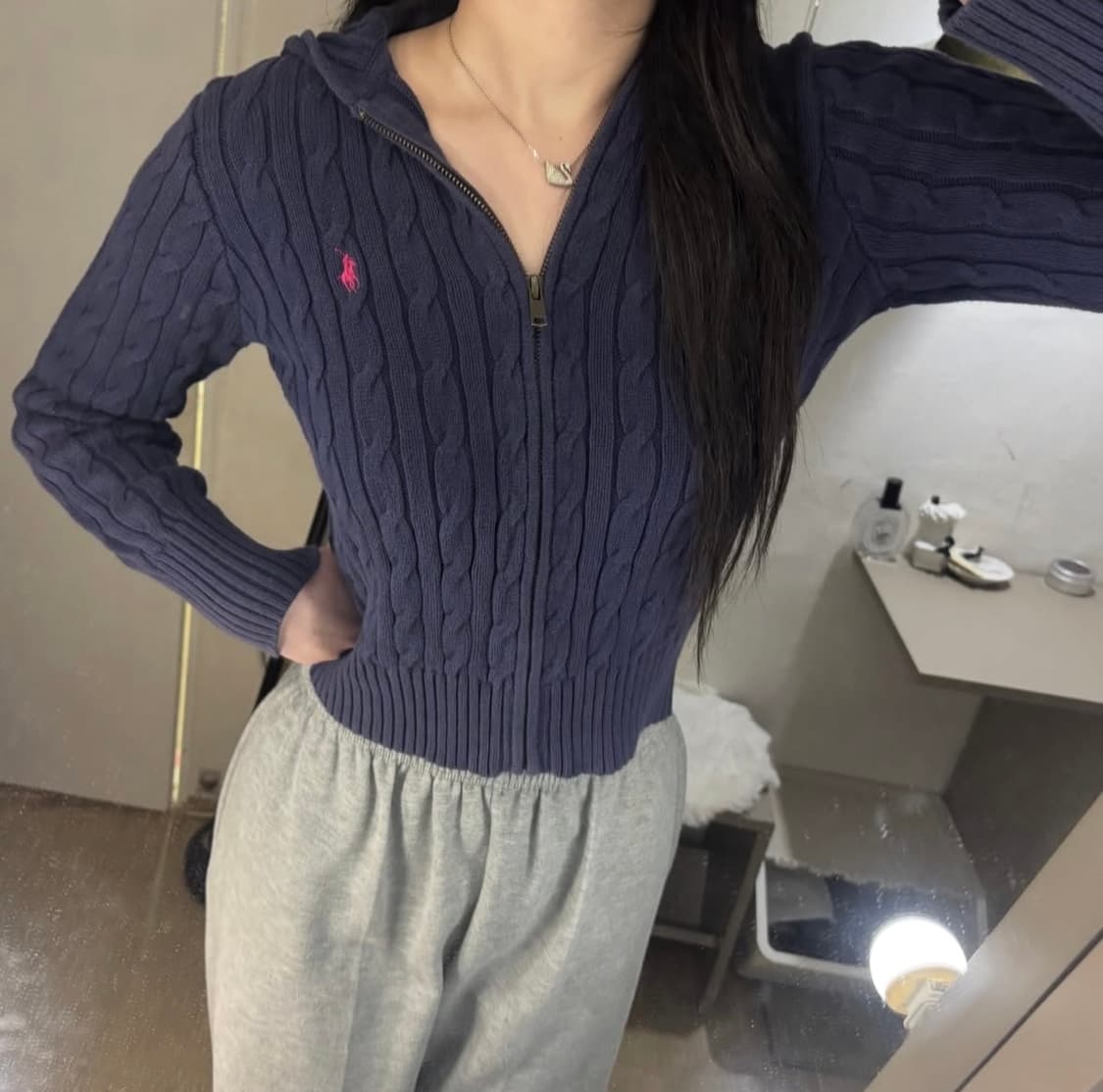 정품 폴로 케이블 니트 네이비 후드집업  상품이미지2