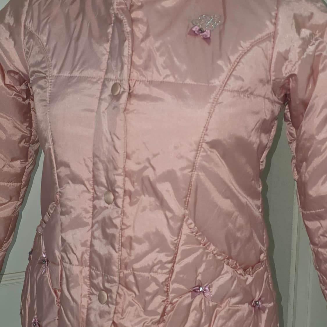 일본빈티지)딸기우유 히메갸루st 플로럴 리본 퀄팅 양산형 핑크로리타 패딩 상품이미지4