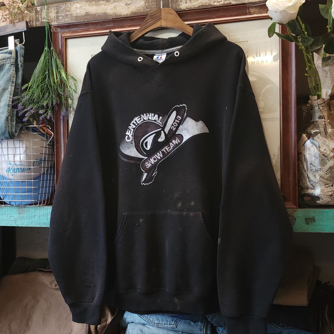90s 러셀 후드 빈티지 스웻셔츠 러셀 썬페이딩 스노우보드 블랙 L 상품이미지2