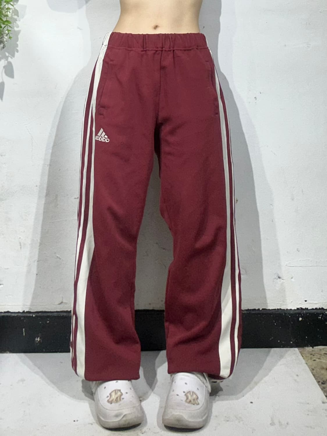 90s 아디다스 버건디 스냅 단추 화이트 삼선 와이드 트레이닝 바지 M 상품이미지2