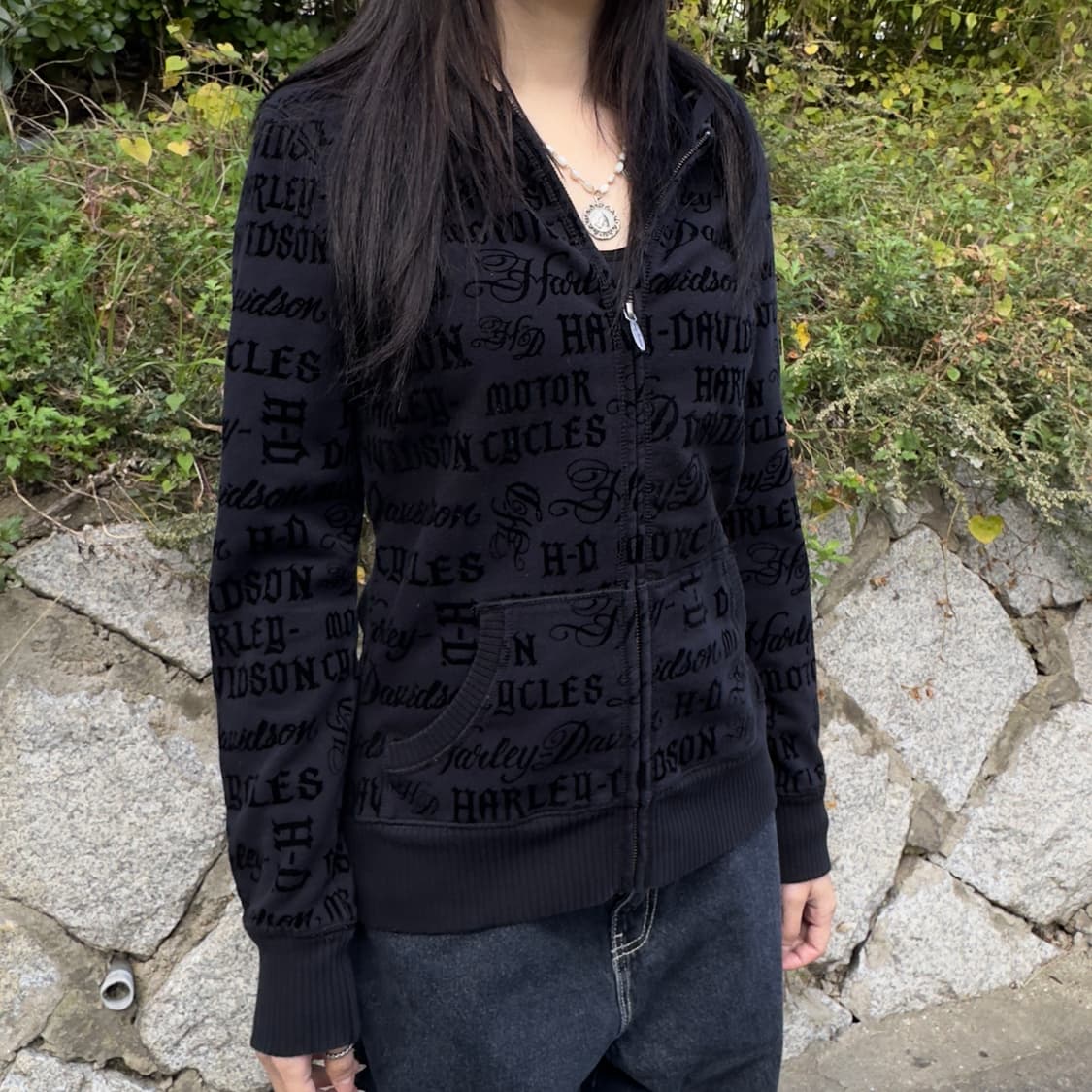 2010s 할리데이비슨 벨벳 로고 블랙 후드 집업 상품이미지9