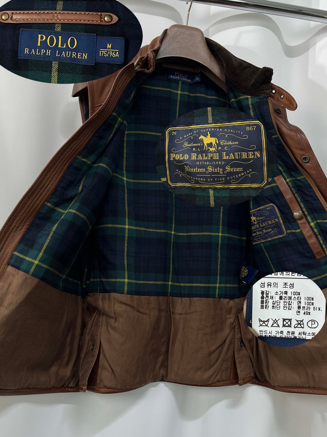 폴로 랄프로렌 카우하이드 브라운 헌팅 레더 블랙와치 베스트 자켓 상품이미지3