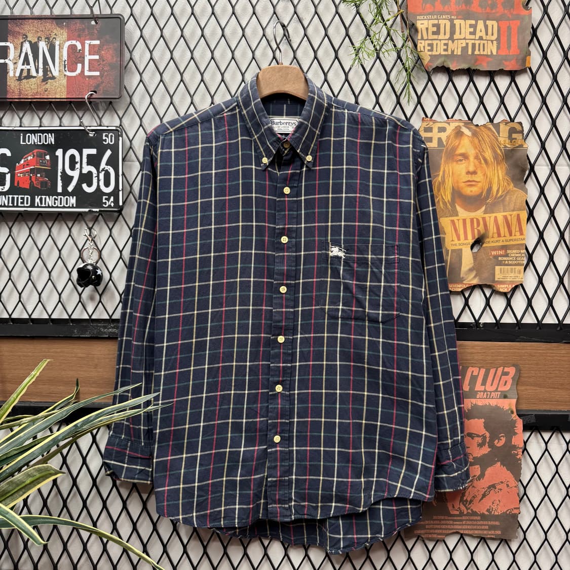 90s 버버리 스트라이프 긴팔 셔츠 전면 원포켓 포인트 네이비 그레이 상품이미지1
