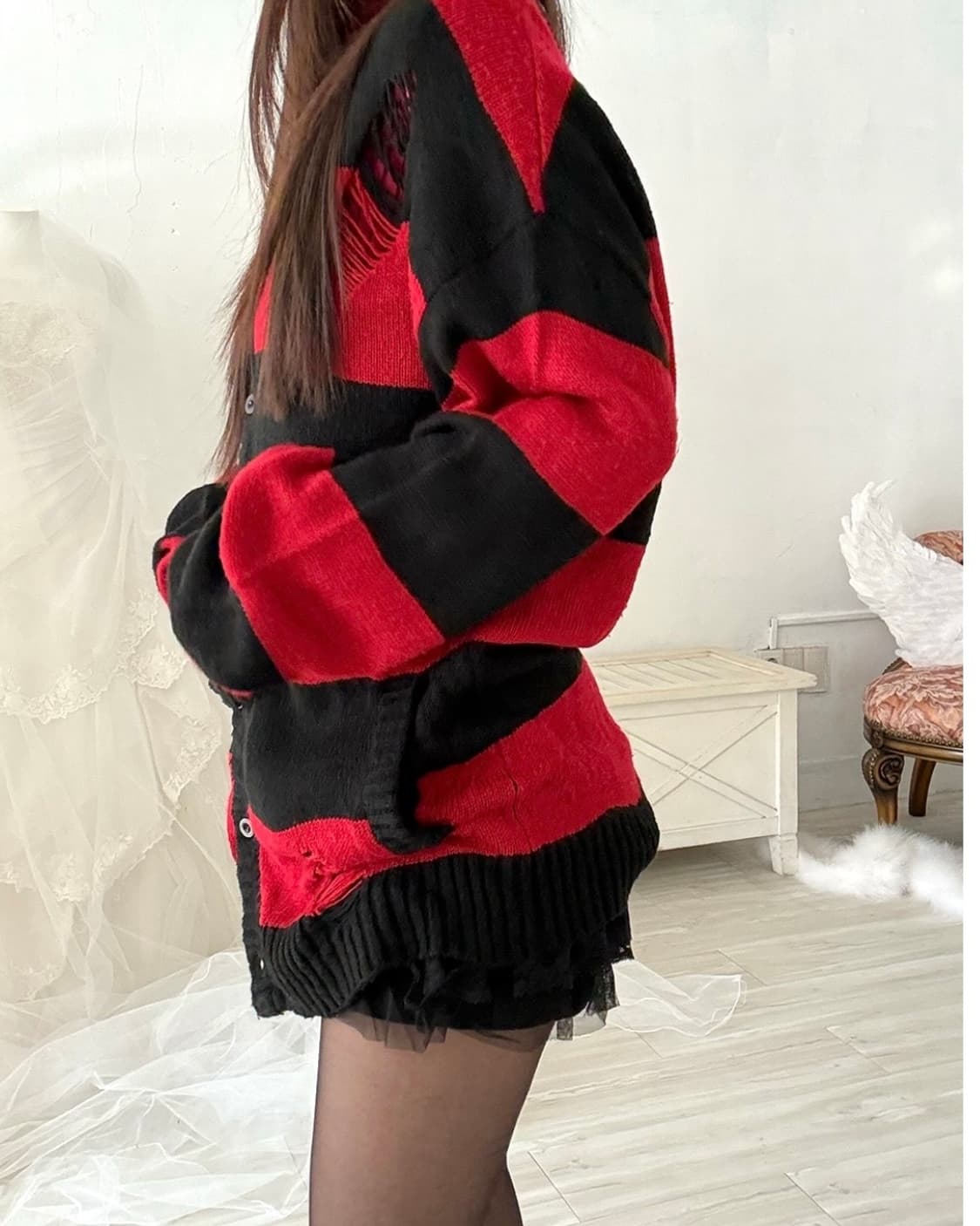 Demage detail black and red stripe cardi 상품이미지6