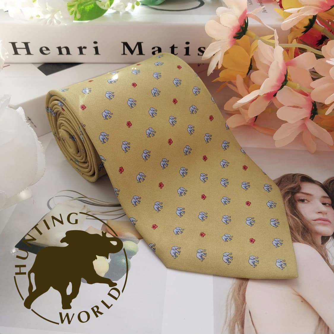 헌팅월드 실크 라임 코끼리 패턴 넥타이 9.4cm A등급 K1749
 상품이미지2