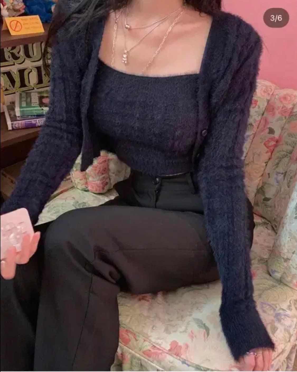 페일제이드 퍼 니트 탑&가디건 세트 네이비 상품이미지5