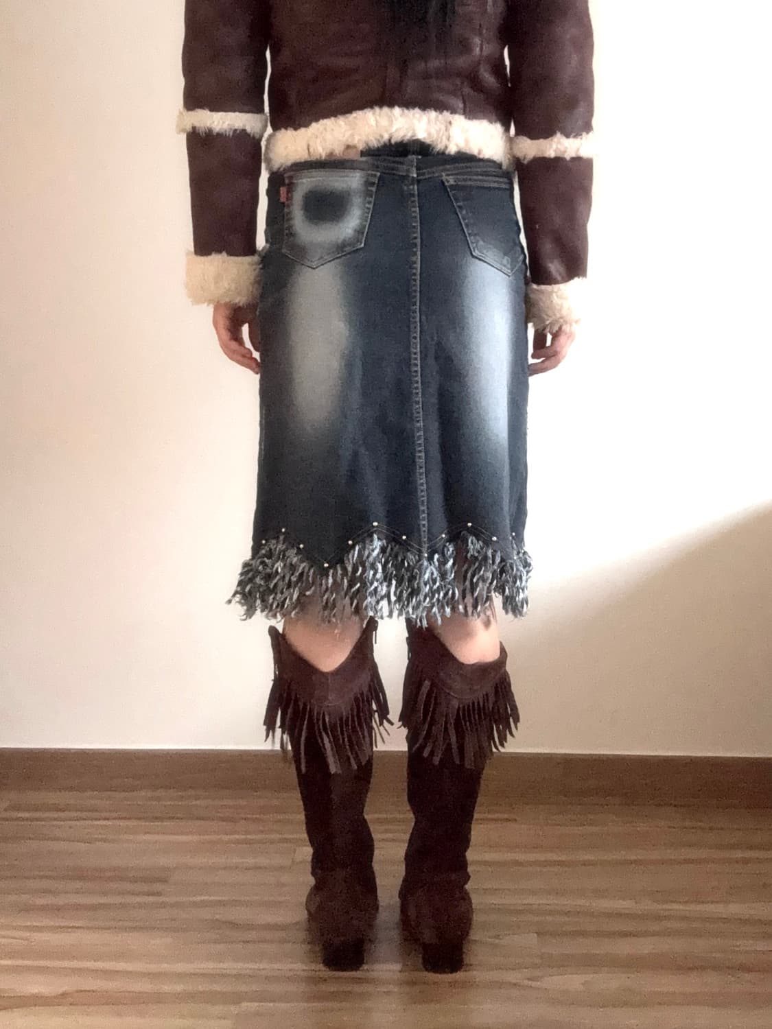 데님 프린지 미디 스커트 상품이미지4