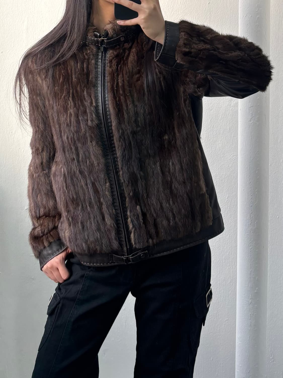 Vintage Brown Leather Mink Fur Jacket 상품이미지4