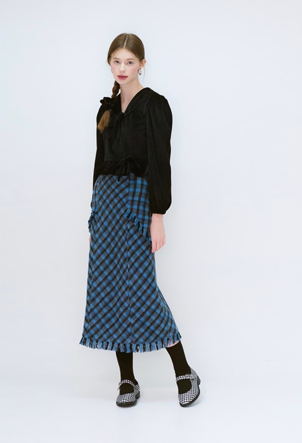 마가린핑거스 블루 체크 울 롱스커트 S (한지현 착용) 상품이미지5