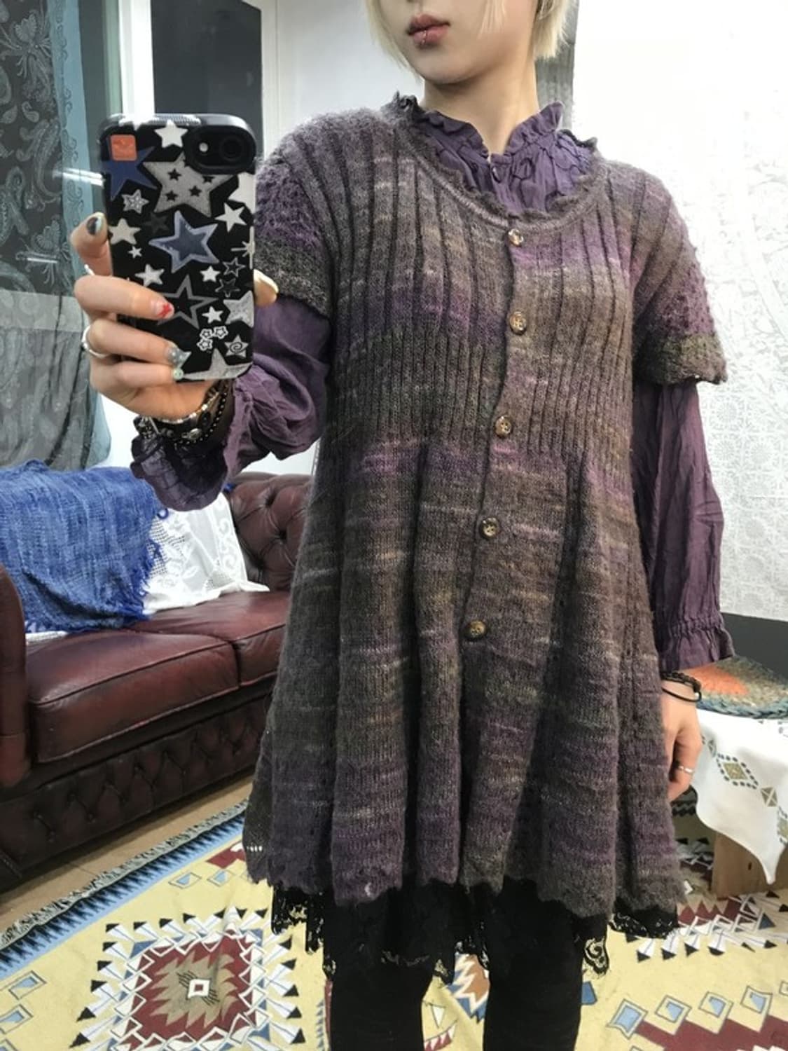 제페니즈 빈티지 여성 니트 반팔 롱 가디건 상품이미지2