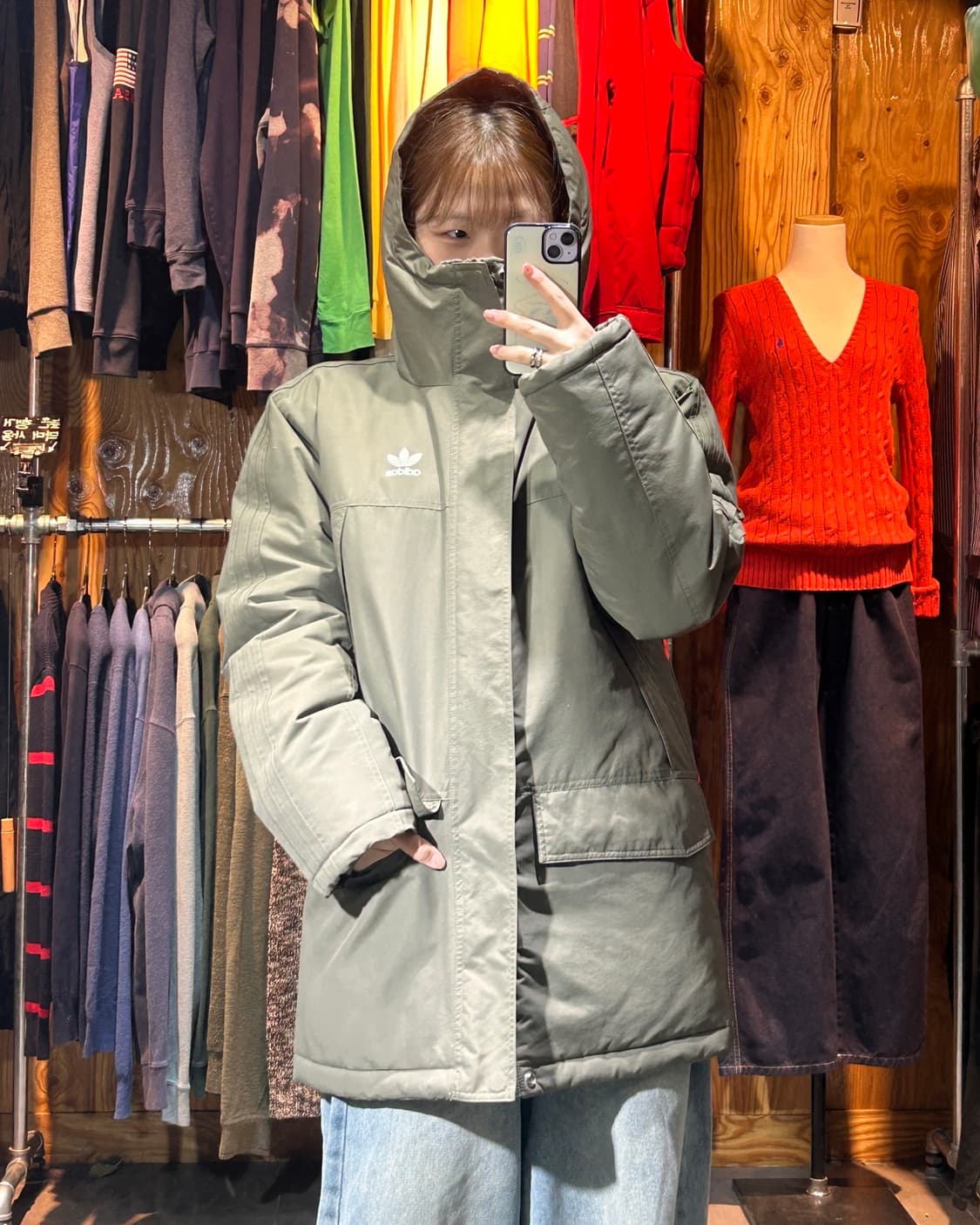 L 아디다스 파이어버드 오리지널 트레포일 후드 카키 미들 패딩 상품이미지1