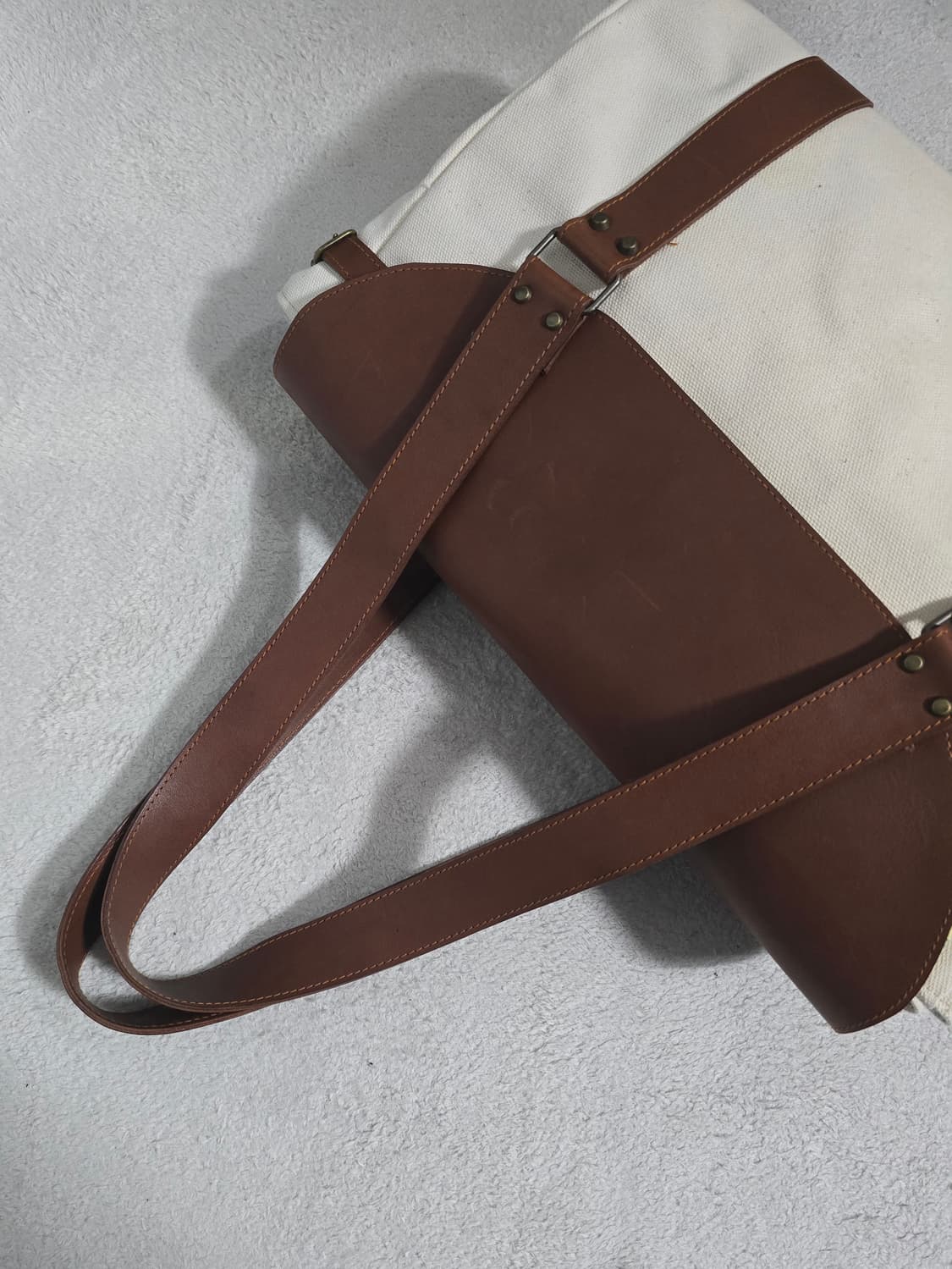 일본빈티지 화이트 캔버스 브라운 가죽 토트백 상품이미지5