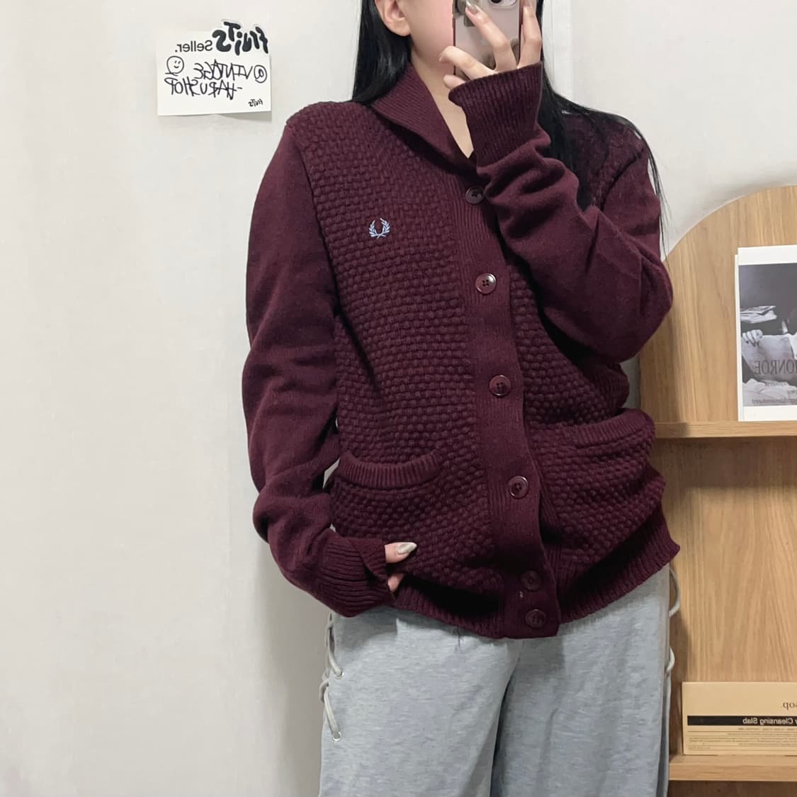 [정품] 프레드페리 버건디 짜임 두툼 울 가디건[ M ] 상품이미지1