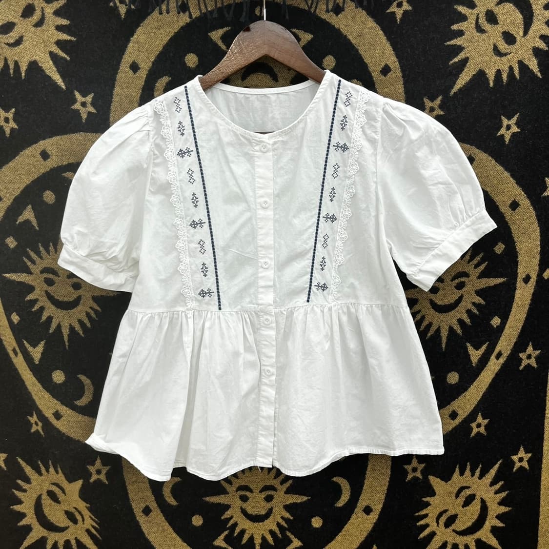 빈티지 러블리 모리 코지 에스닉 자수패턴 퍼프 블라우스 k0136 상품이미지3