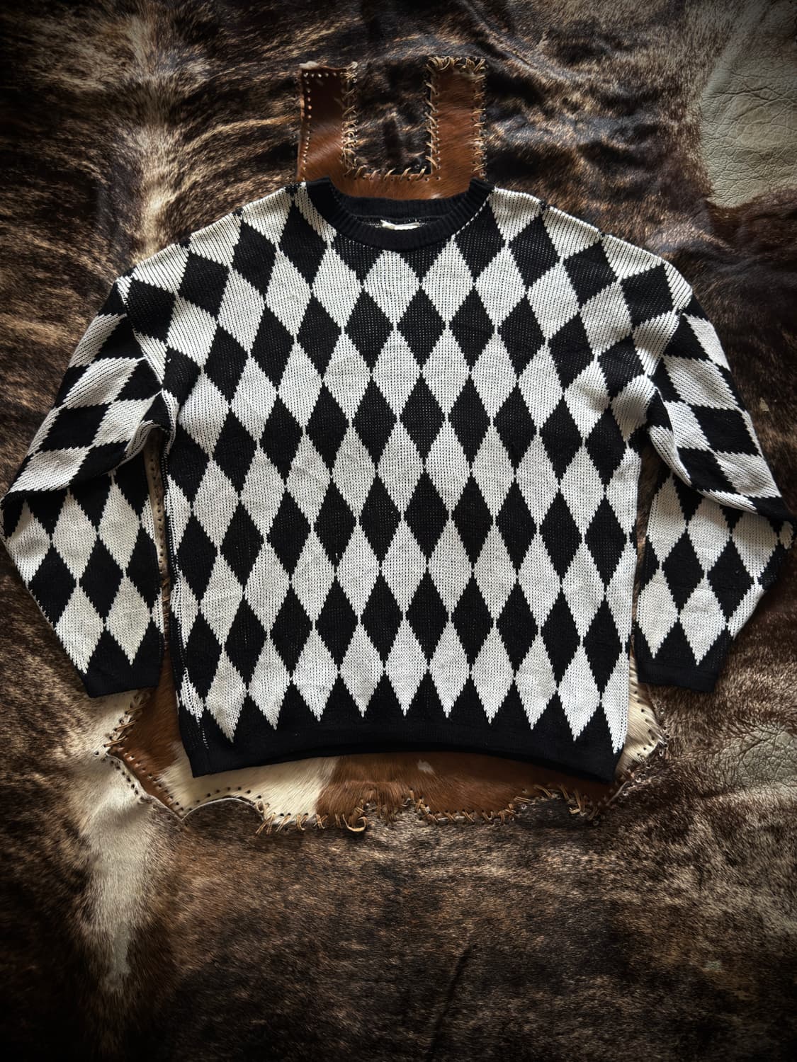 90s USA Yarn Works 아가일 체커 니트 스웨터 상품이미지1