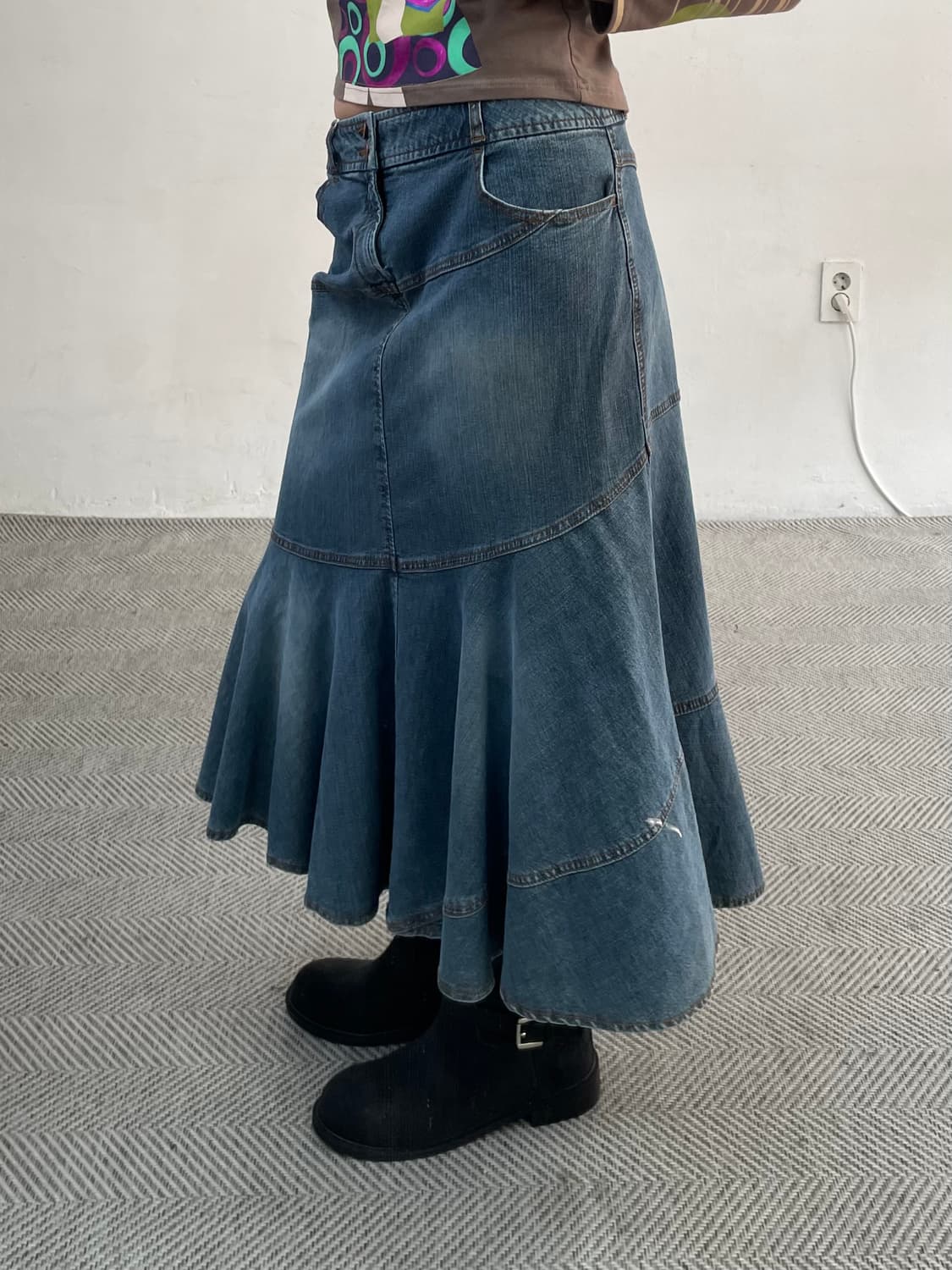 vintage 사선 미디 데님스커트 상품이미지1