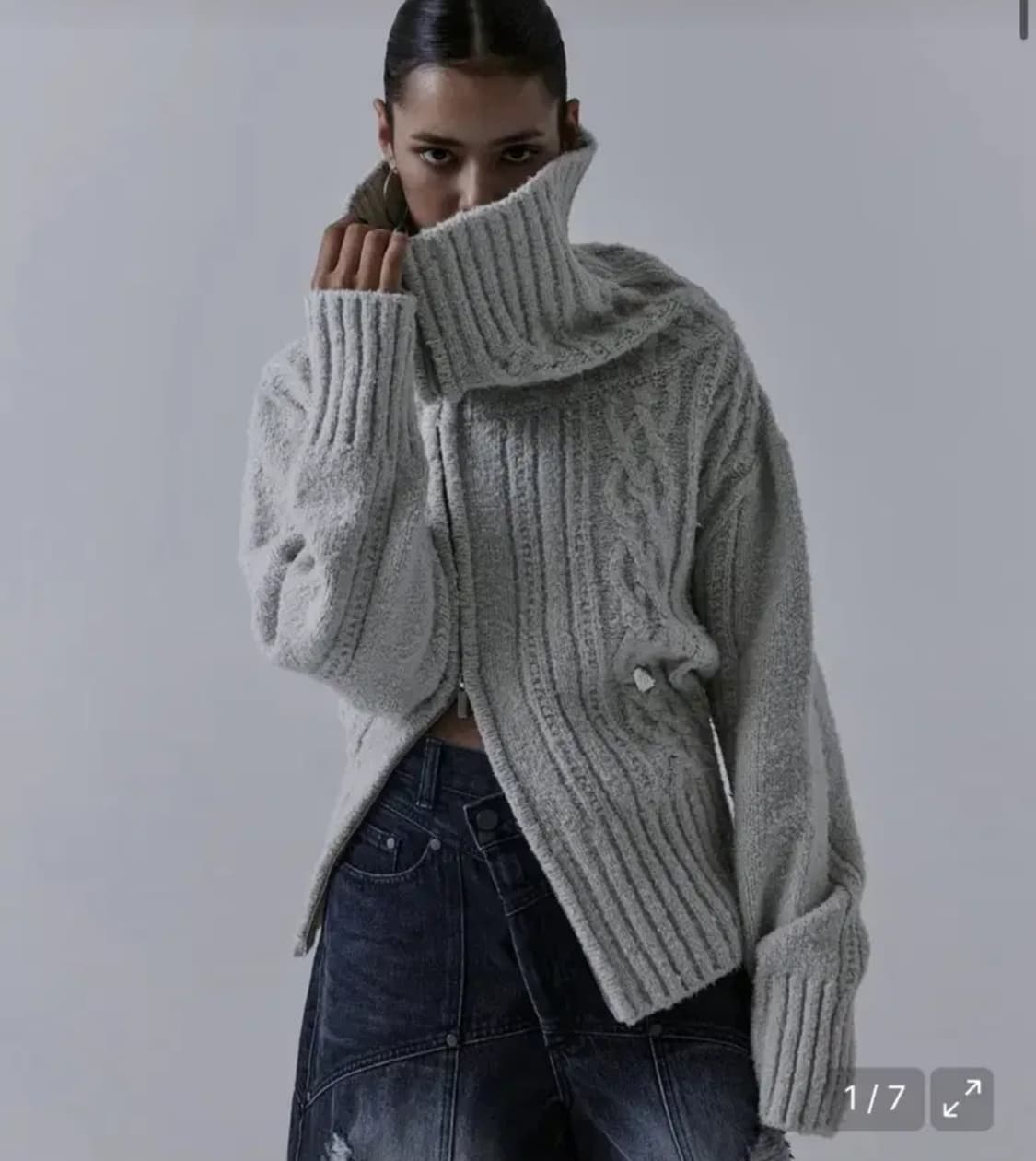 트리밍버드 투웨이 언발란스 오프숄더 니트 집업 그레이  상품이미지1