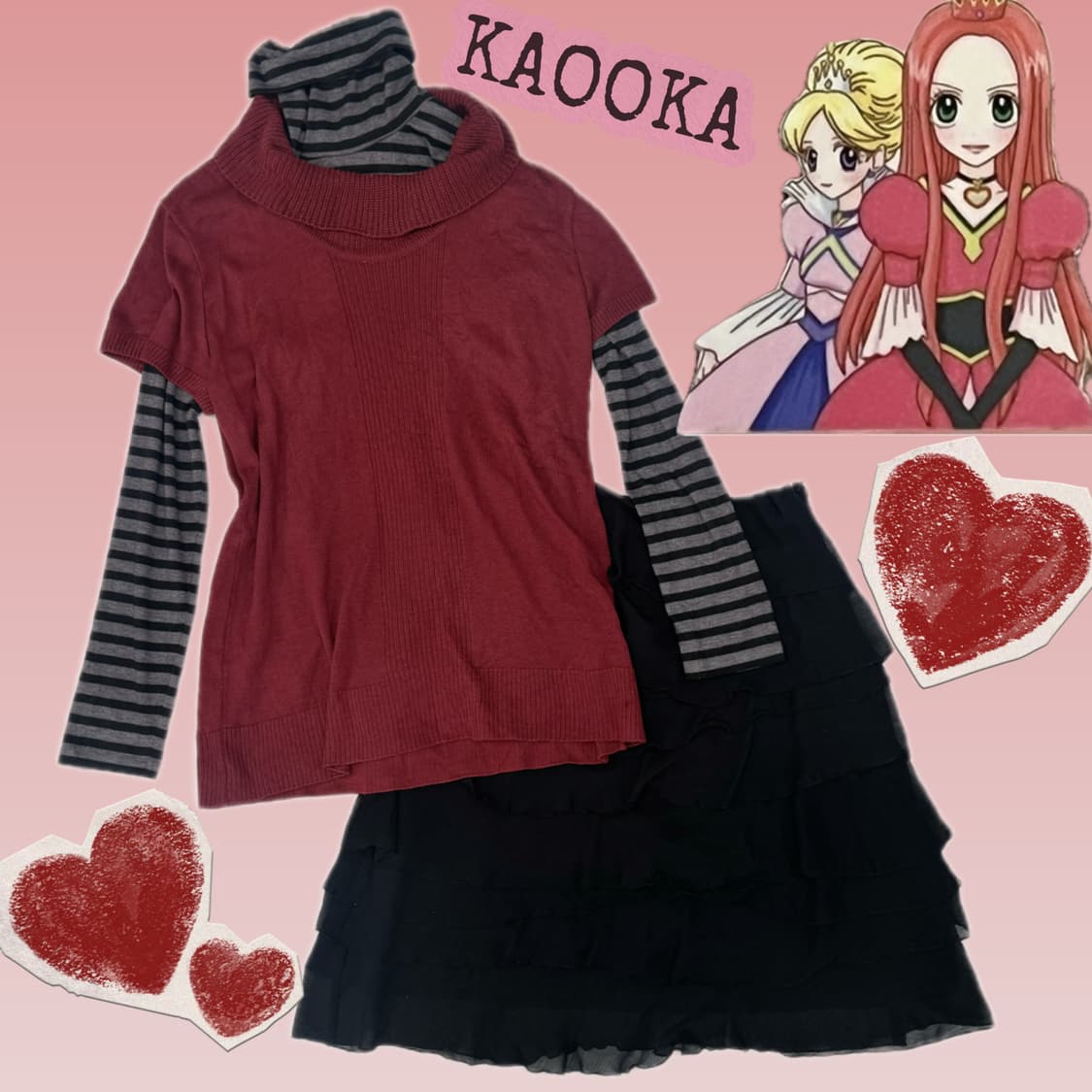 ♥️슈슈룬 쇼콜라 코디세트♥️ 쉬폰 스커트 레드 반팔 니트 레이어드 상품이미지1