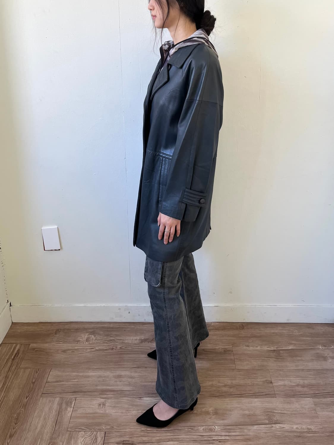 90‘s ANGEL LEATHER 스톤 네이비 레더 자켓 상품이미지9