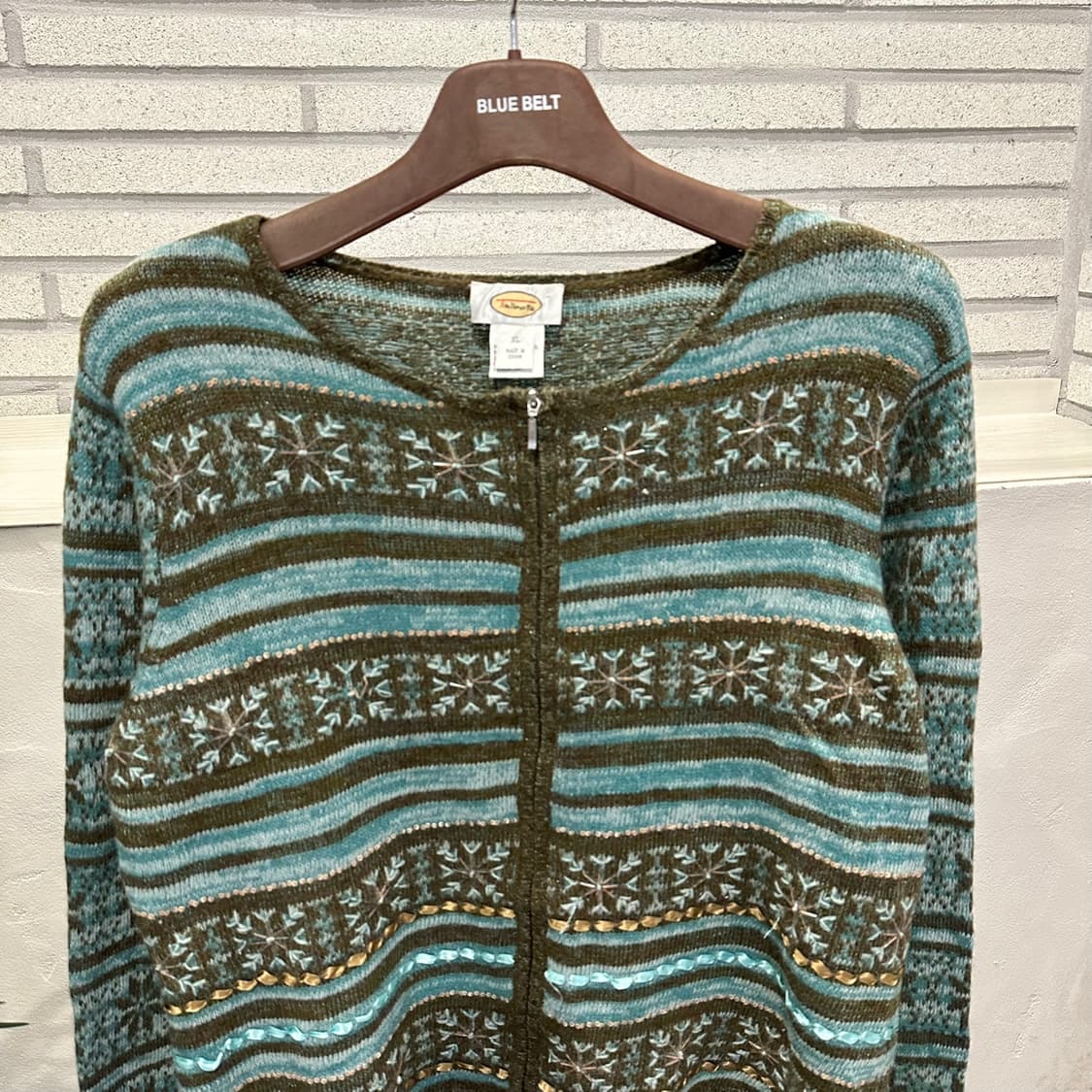 USA VINTAGE 니트 집업 가디건 노르딕 패턴 비즈 디테일 민트 상품이미지4