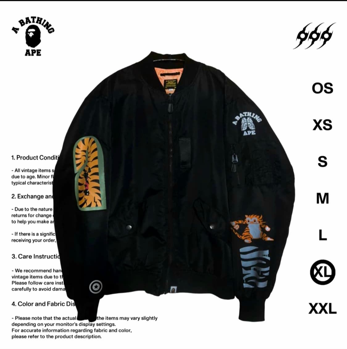 베이프 MA-1  타이거 샤크 XL사이즈 봄버자켓 상품이미지1