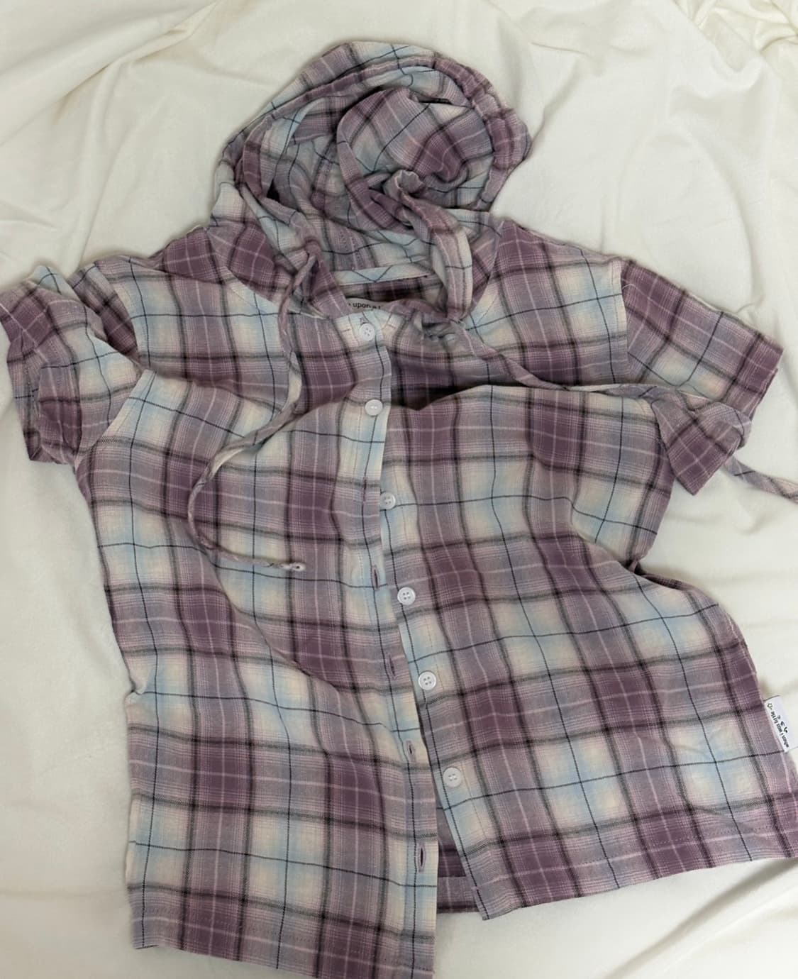 엑스톤즈우먼 루나키후 체크 후드 반팔 블라우스 purple 상품이미지2